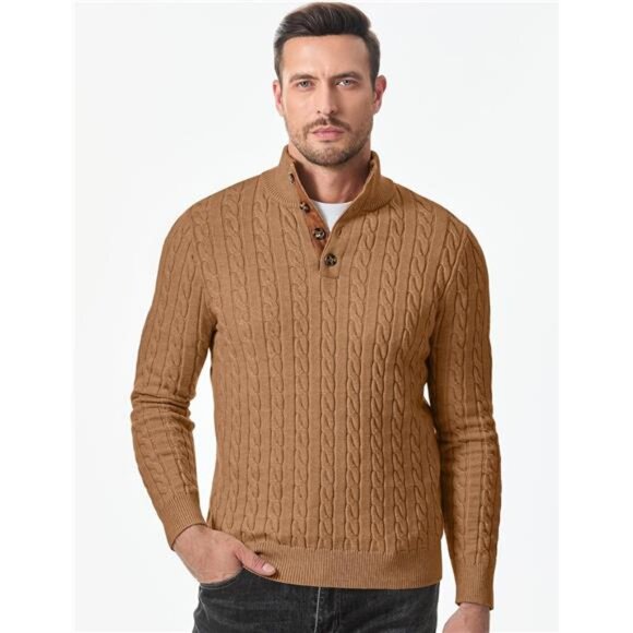 NEW Men's Cable Knit Pullover Sweater Casual Long Sleeve Stand Collar - Picture 4 of 6